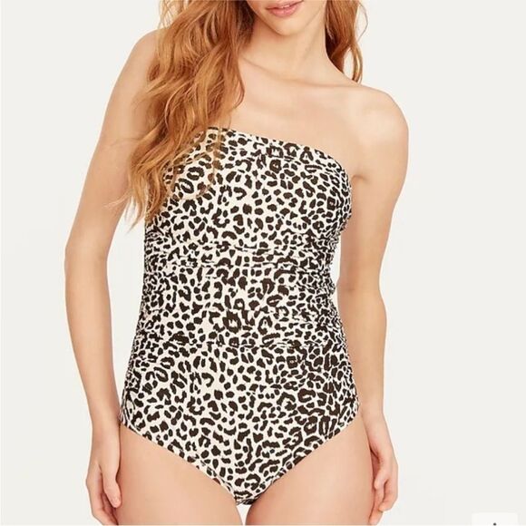 J Crew ruched strapless one piece animal print brown size 0 new - Picture 1 of 3